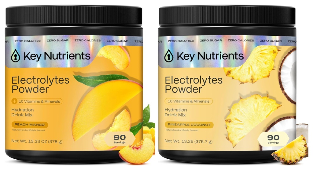 KEY NUTRIENTS Electrolytes Powder Bundle, Tropical Peach Mango 90 Servings Jar + Tropical Pineapple Coconut 90 Servings Jar, Sugar Free Hydration Drink Mix with Vitamins & Minerals, No Calories
