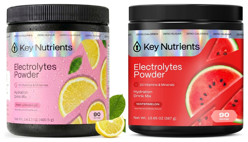 KEY NUTRIENTS Electrolytes Powder Bundle, Fresh Pink Lemonade 90 Servings Jar + Juicy Watermelon 90 Servings Jar, Sugar Free Hydration Drink Mix with Vitamins & Minerals, No Calories