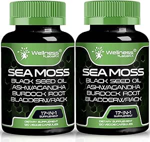 Irish Sea Moss Capsules, 17-in-1, Seamoss Black Seed Oil, 120 Count, Ashwagandha Burdock Root Biologische Bladderwrack Capsules 