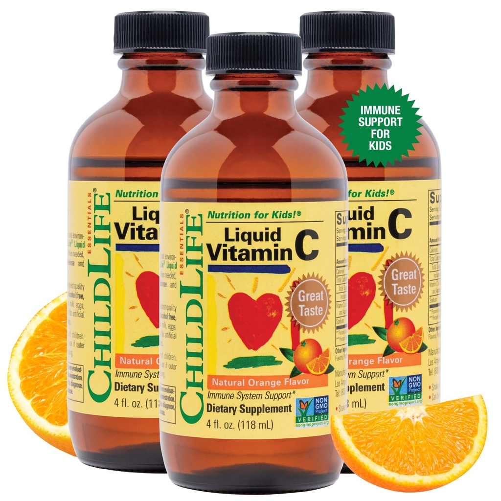 CHILDLIFE ESSENTIALS Liquid Vitamin C - Pure Vitamin C Liquid Supplement for Kids, Immuun System Support, Great Taste - Natural Orange Flavor, 4 Fl Oz (pack of 3)