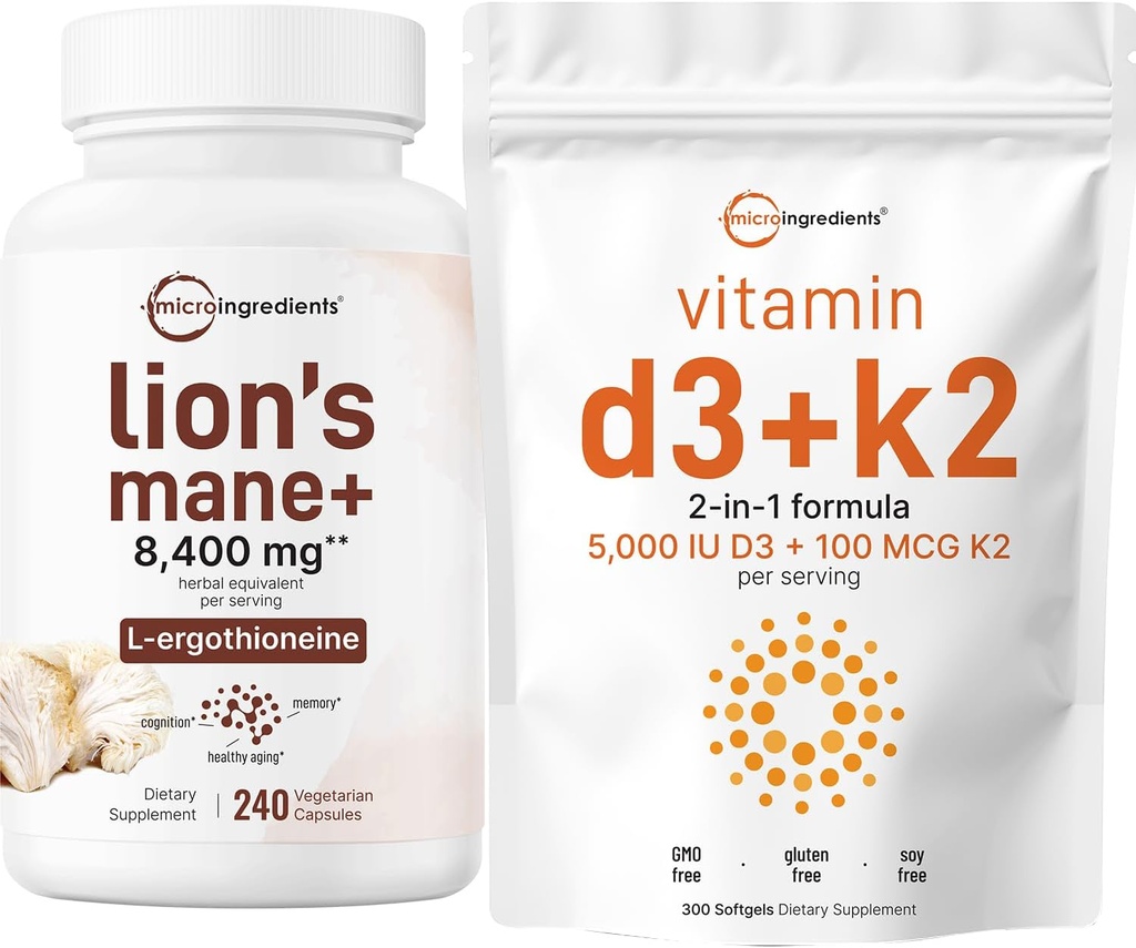 Micro Ingrediënten Vitamine D3 5.000iu + K2 100mcg Softgels & Lions Mane Supplement 240 Veggie Capsules Bundel 2 Pack 