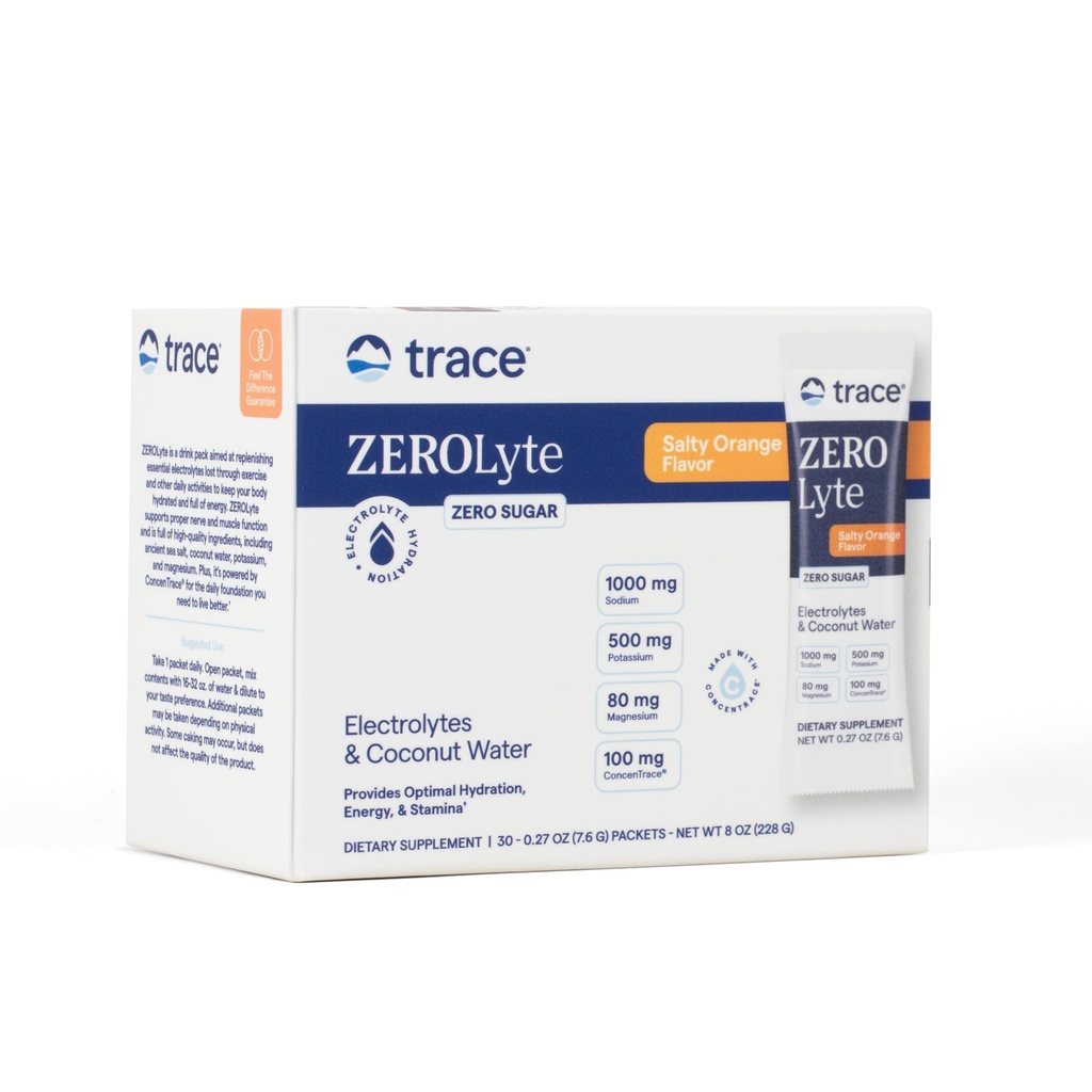 Trace Minerals Zerolyte - Sodium & Electrolyte Replenishment - Energy & Hydration Support Drink Powder - Nerve & Muscle Function Support - Salty Orange, 30 Packets (30 Servings)