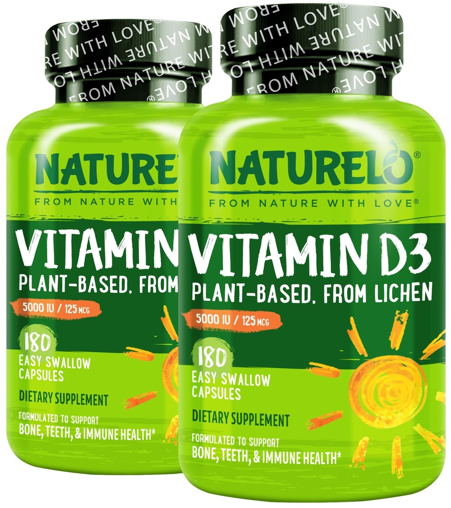 NATURELO Vitamin D - 5000 IU - Plant Based from Lichen - Natural D3 Supplement for Immune System, Bone Support, Joint Health - High Potency - Vegan - Non-GMO - Gluten Free - 180 Capsules (Pack of 2)