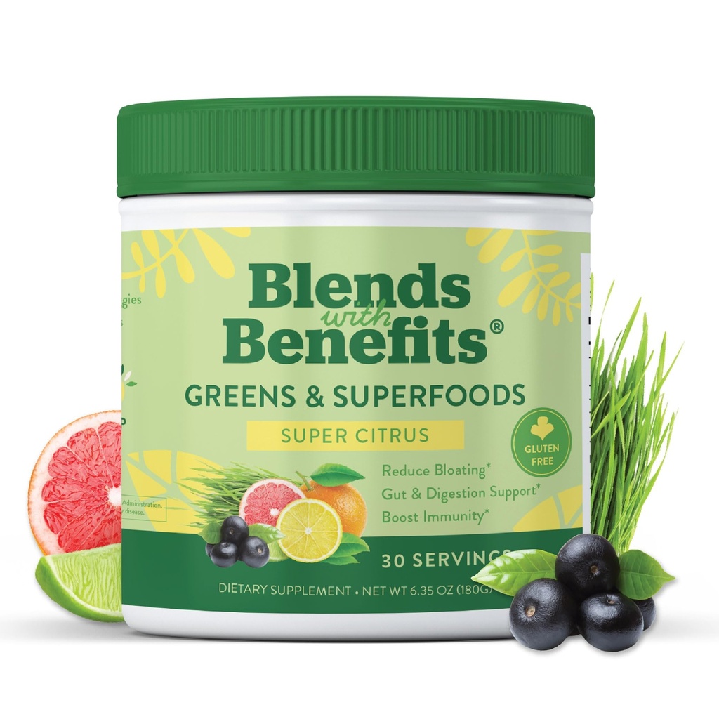 360 Voeding Blends with Benefits Super Greens Powder w/Probiotica, Digestieve Enzymen, Suiker & Glutenvrij, Plant Based Superfood Drink Mix for Gut Health, Bloating, Immunity, Algehele gezondheid, 6,35 oz