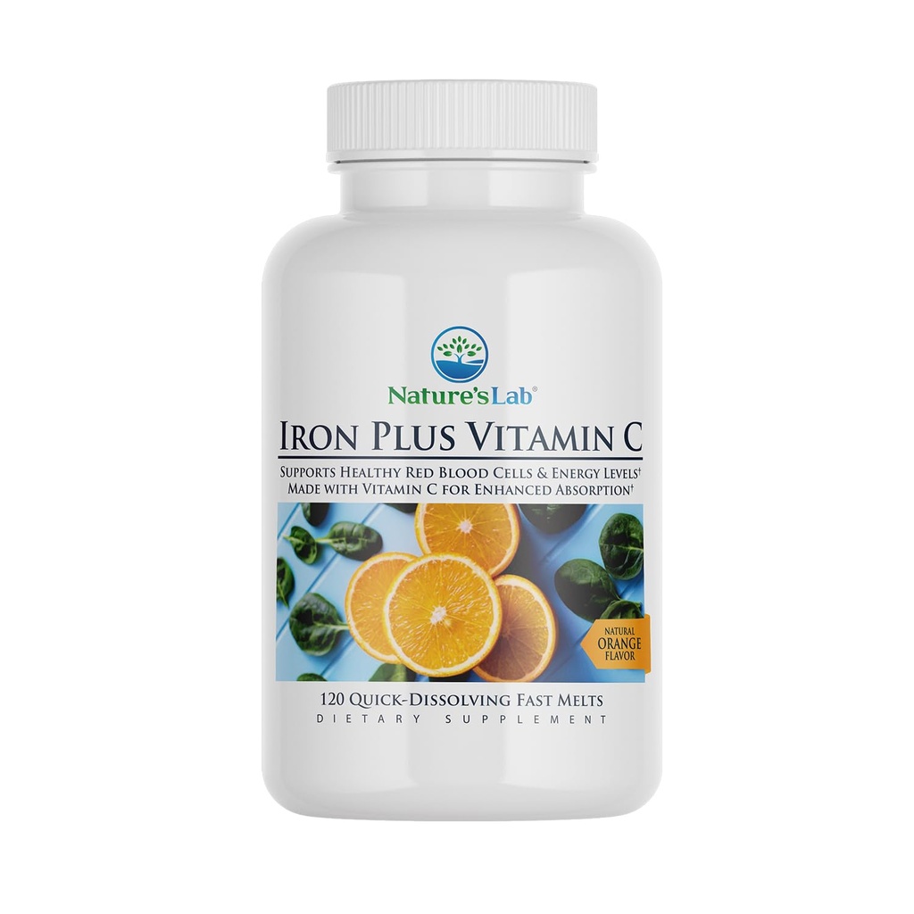 Nature's Lab Iron Plus Vitamine C Fast Melt Tablets - Zacht op de Maag Carbonyl Iron, Hoge Absorptie voor gezonde rode bloedcellen* - 120 tabletten
