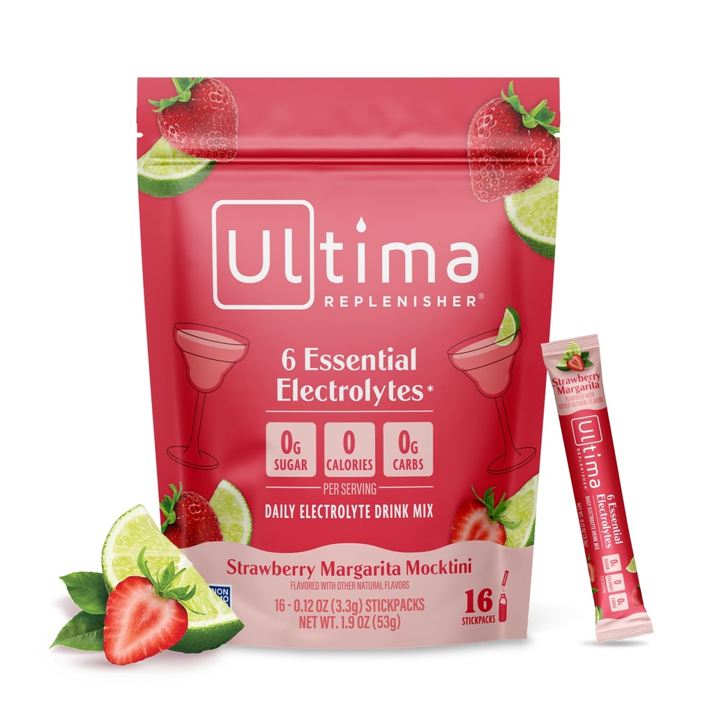 Ultima Replenisher Strawberry Margarita Electrolyte Packets, 16 Stickpacks | Daily Zero Sugar Powder Hydration Packets with 6 Key Electrolytes & Minerals - Sugar Free & Keto Friendly