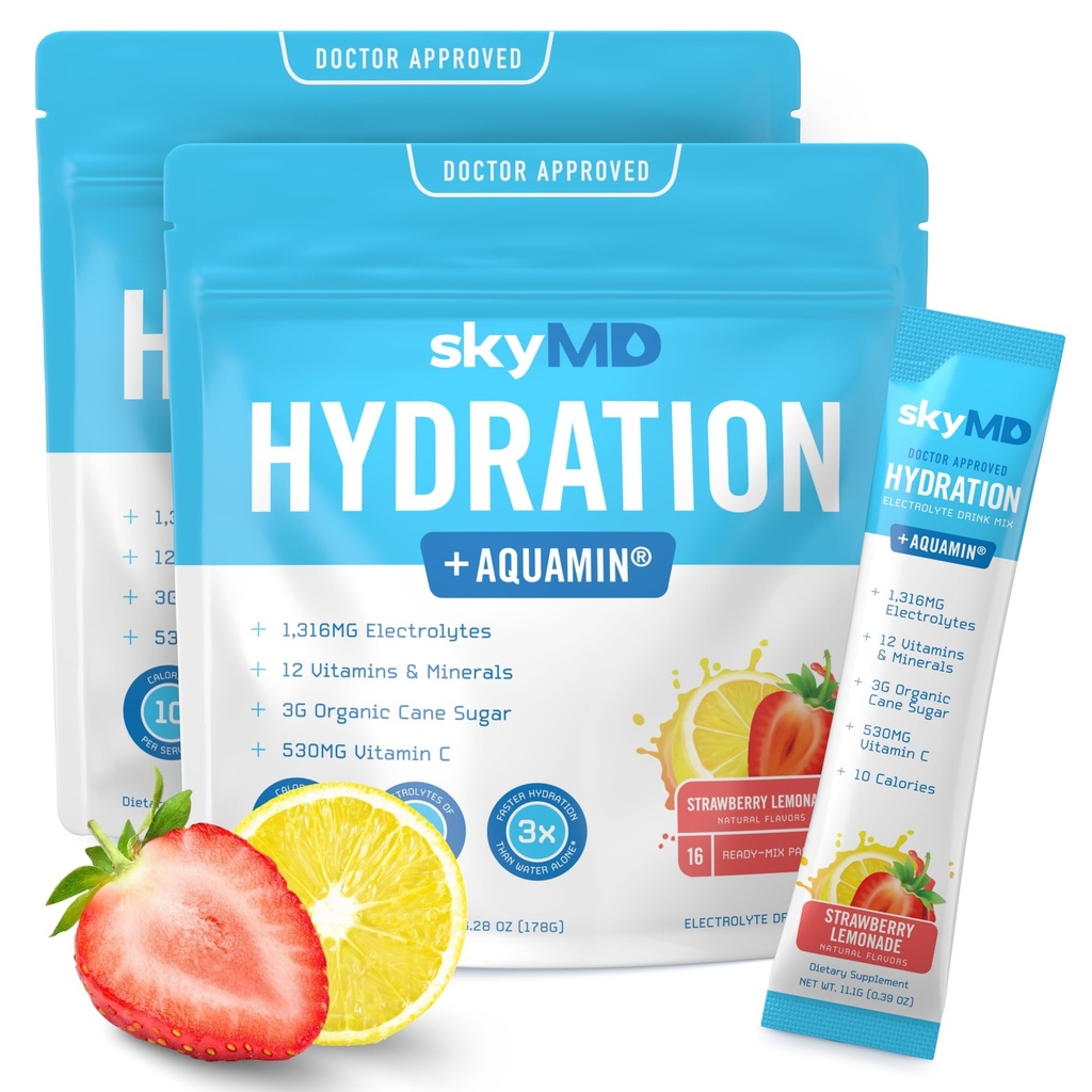 SkyMD Daily Hydration | Electrolytes Powder Packets | Low Sugar, 10 Calories | 12 Vitamins & Minerals, Sodium | Drink Mix for Energy and Recovery | Strawberry Lemonade | 32 Sticks