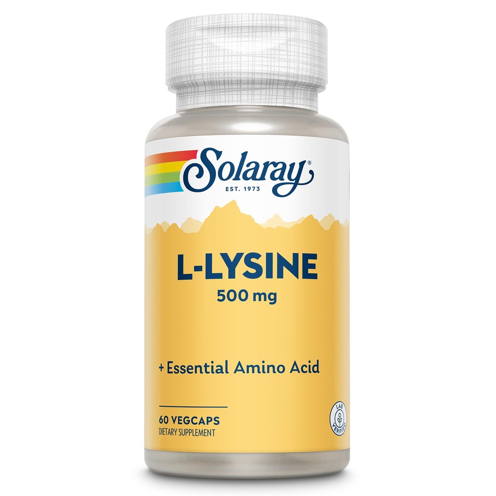 SOLARAY L Lysine 500 mg Capsules - Free-Form Essential Amino Acids Supplement - Krachtige Wellness Ondersteuning met L-Lysine Amino Acid - Lab geverifieerd, 60 dagen garantie, 60 porties, 60 VegCaps