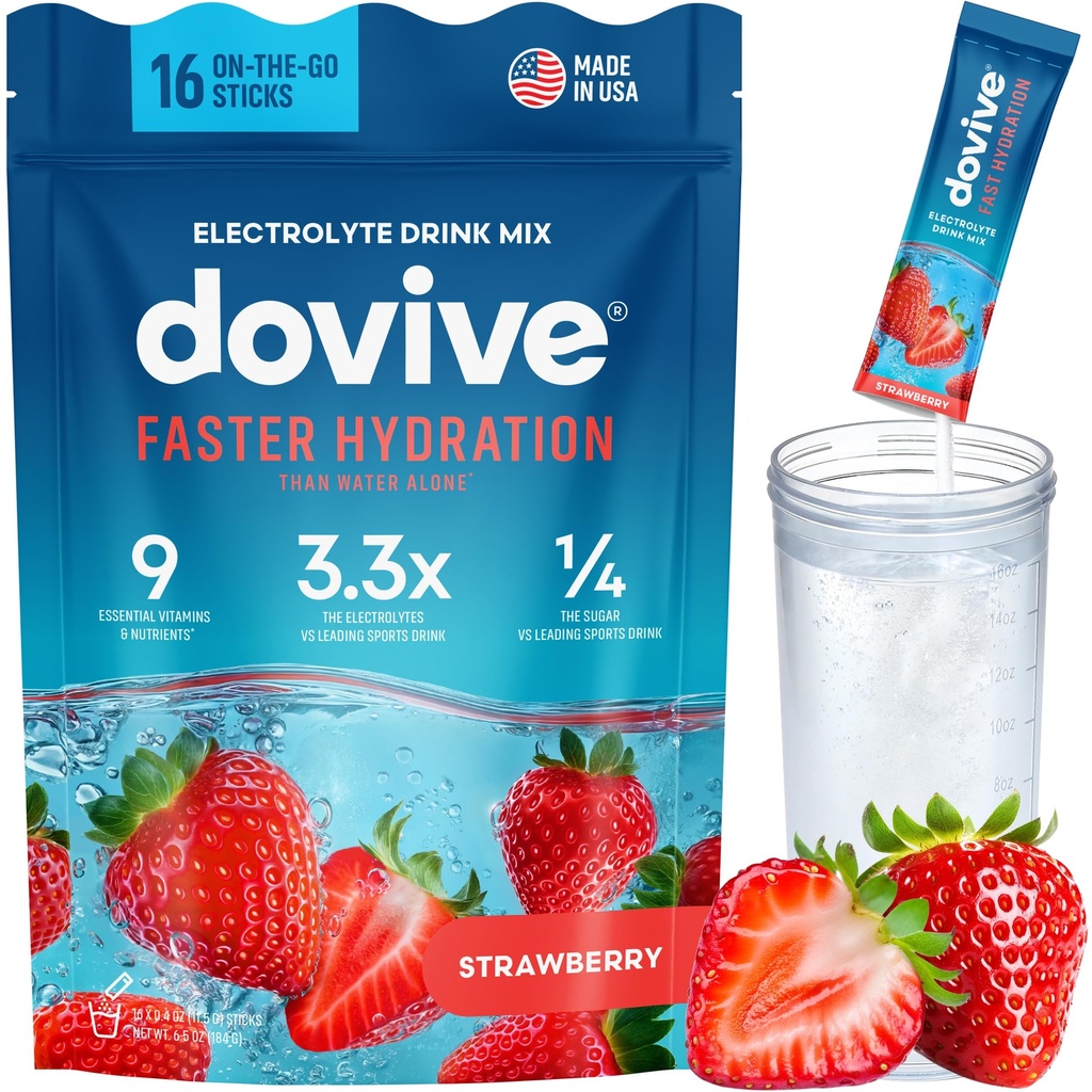 Electrolyte Drink Mix | 16 Instant Hydration Packets w/ 920mg Hydrate Electrolytes | Low-Sugar (7g) Electrolytes Hydration w/Vitamins C, B3, B5, B6, B12 and Na, Ca, Mg, K, Zn (Strawberry)