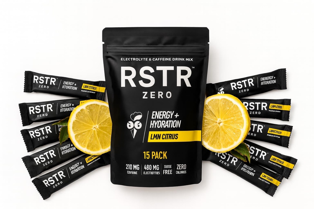 RSTR Electrolyte Caffeine Drink Mix - Hydration, Lemon Flavor, 15 Sachets | Zero Sugar and Zero Calories with Coffee Kick for Pre Workout, Travel, and Everyday Hydration, Single Serve Powder Packets