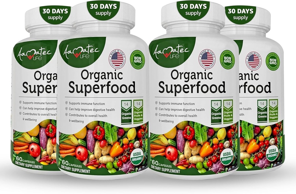 Organic Superfood Greens Fruits and Veggies Complex - Best Dietary Supplement with 14 Greens and 14 Fruits & Fruits with Alfalfa & Antioxidant Organic Ingredients Non-GMO 240 Capsules