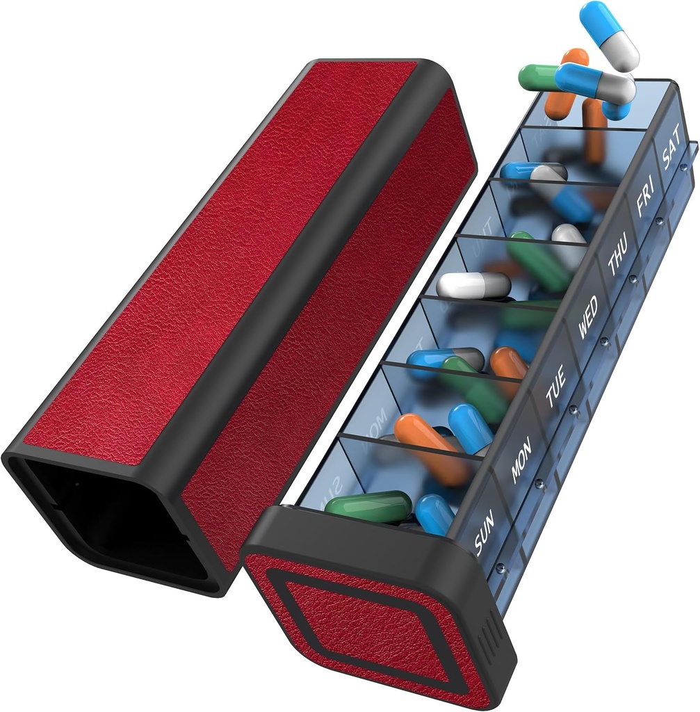 Pillen Organisator 1 keer per dag, Pill Box 7 dag, Weekly reizen pil geval, Dagelijkse Grote Medicatie houder Container, Eenmaal dagelijkse Pillenbak Dispenser voor Vitamine, Geneeskunde, Pillen, Supplement (rood)