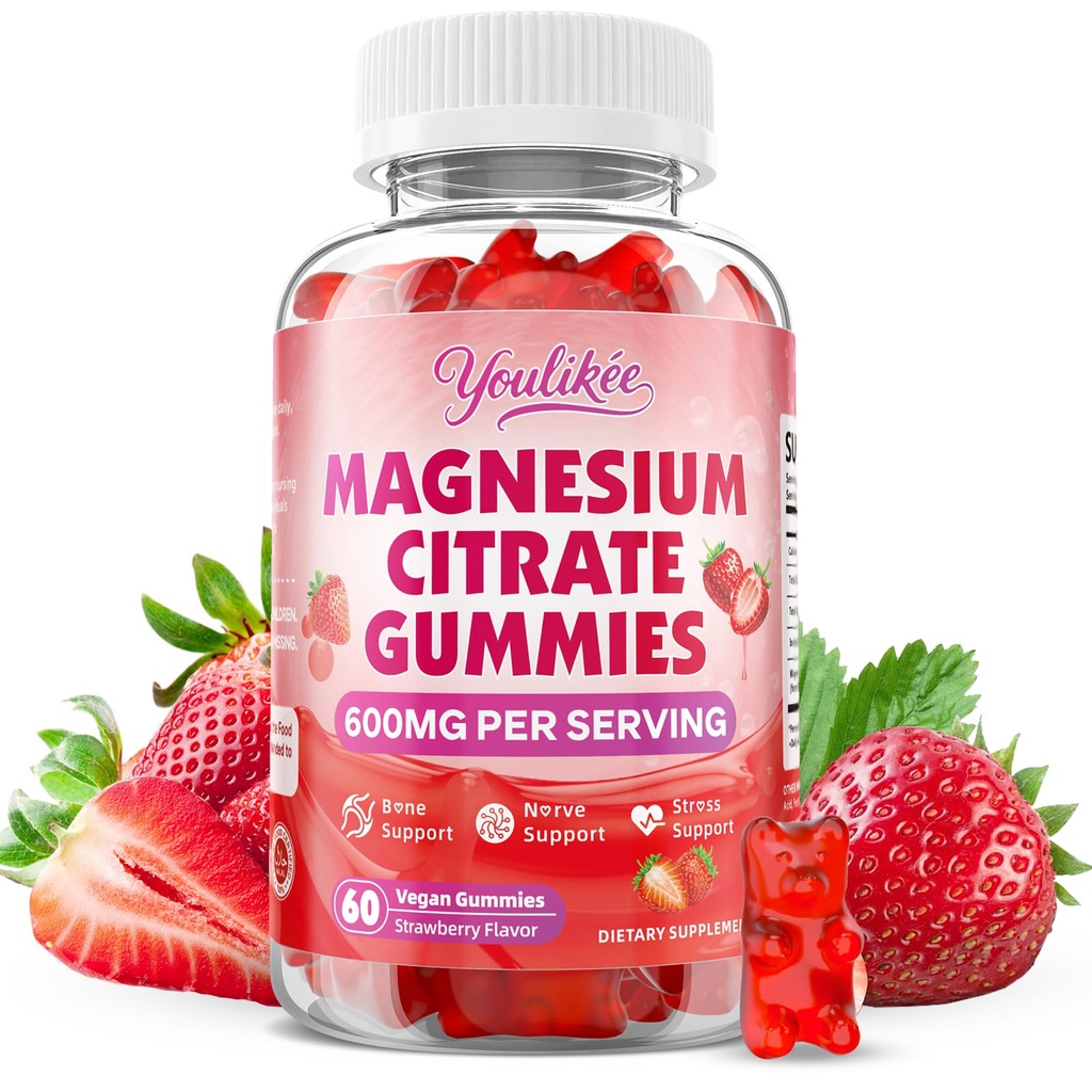 Magnesium Citrate Gummies, High Absorption Magnesium Gummies for Adults | Magnesium Supplement for Relaxation, Vegan, Sugar-Free, Strawberry Flavor, 60 Count