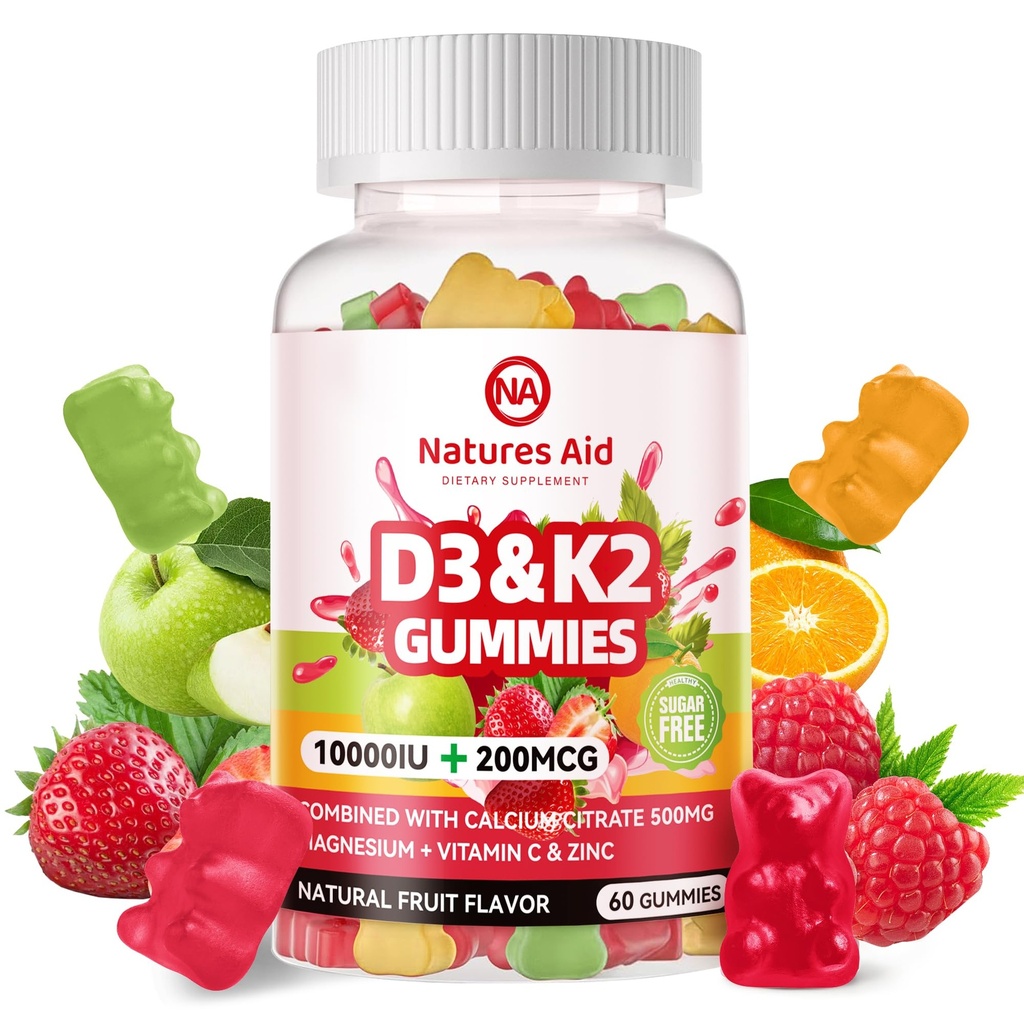 Natures Aid Sugar-Free Vitamin D3 K2 Gummies with Calcium + K2 (MK-7), Magnesium Citrate, Vitamine C, Extra Strength - Ultieme Absorptie voor botspier Teeth Immune, Vegan - 60 Gummies