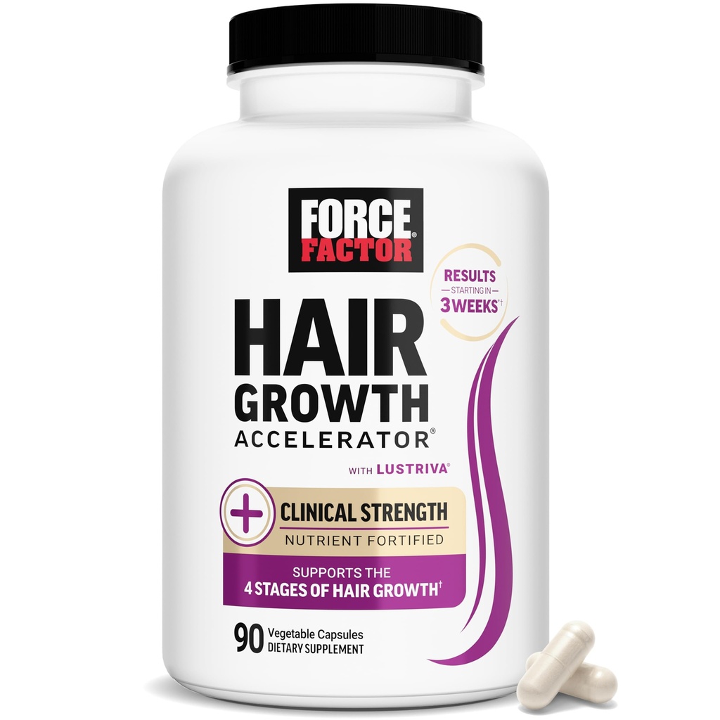 FORCE FACTOR Hair Growth Accelerator Multivitamine voor vrouwen en mannen, met Lustriva, Biotine, Horsetail & Vitaminen A, B12, C, D & E voor dik haar, gezondere huid & Nails, 90 capsules