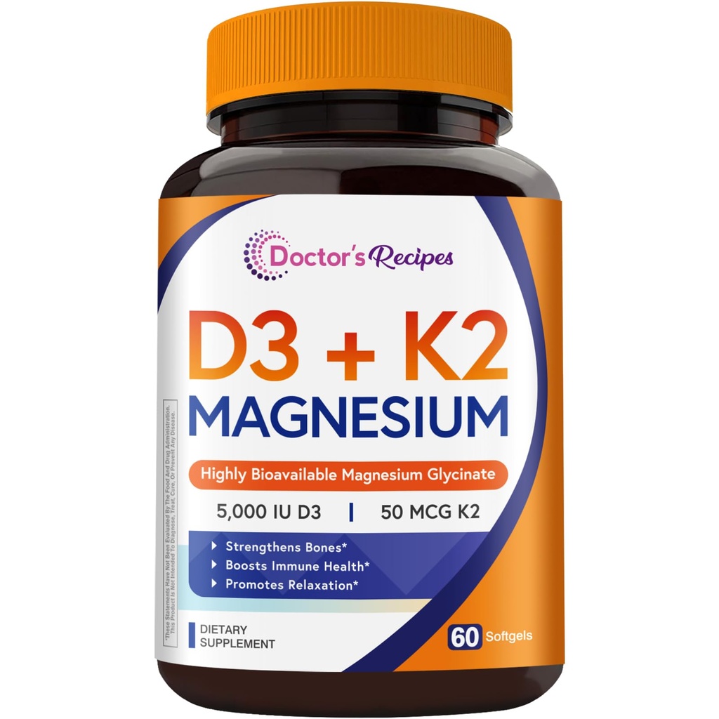 Doctor's Recipes D3+K2+Magnesium, 5000 IU D3, 50 mcg K2, Highly Bioavailable, Chelated Magnesium Glycinate, Non-GMO, No Gluten, for Structure, Immune, Mood, Relaxation Support, 60 Softgels