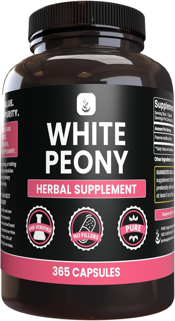 PURE ORIGINEEL INGREDIËNTEN Witte Peony (365 capsules) Geen Magnesium of rijstvullers, altijd zuiver, lab geverifieerd