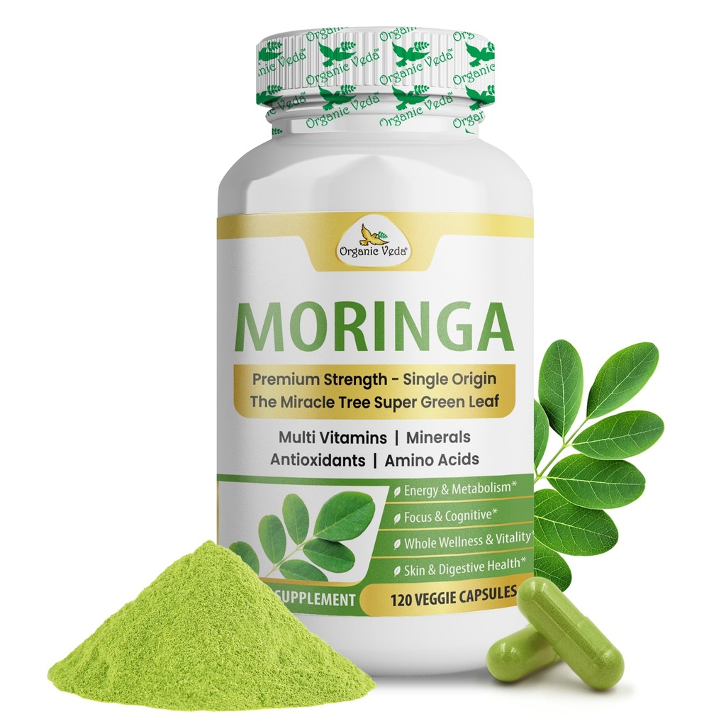 Biologische Veda Moringa Leaf Capsules 1000mg, 120 Telling - Pure Raw Moringa Oleifera Powder Whole Leaves Green Super Food Supplement - Boosts Energy, Health, Wellbeing & Antioxidants Rich