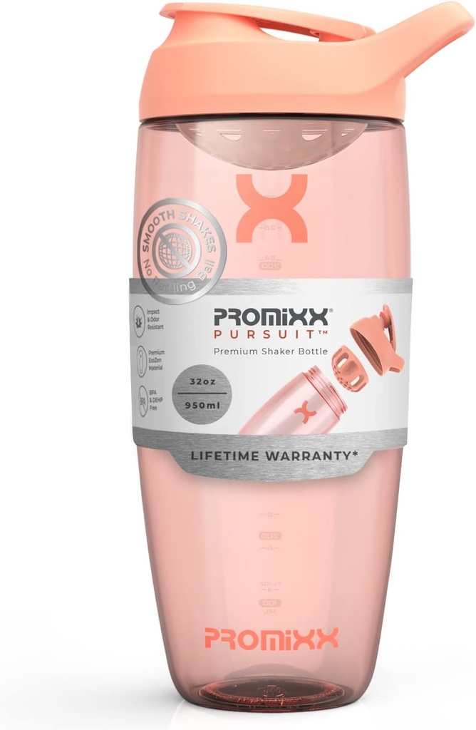 Bouteille Promixx Pursuit Protein Shaker (32 oz) – Mélangeur silencieux sans bille, filet de protection, BPA/BPS & ECOZEN sans phtalate – Coupe facile à nettoyer pour les smoothies pré- & post-entraînement