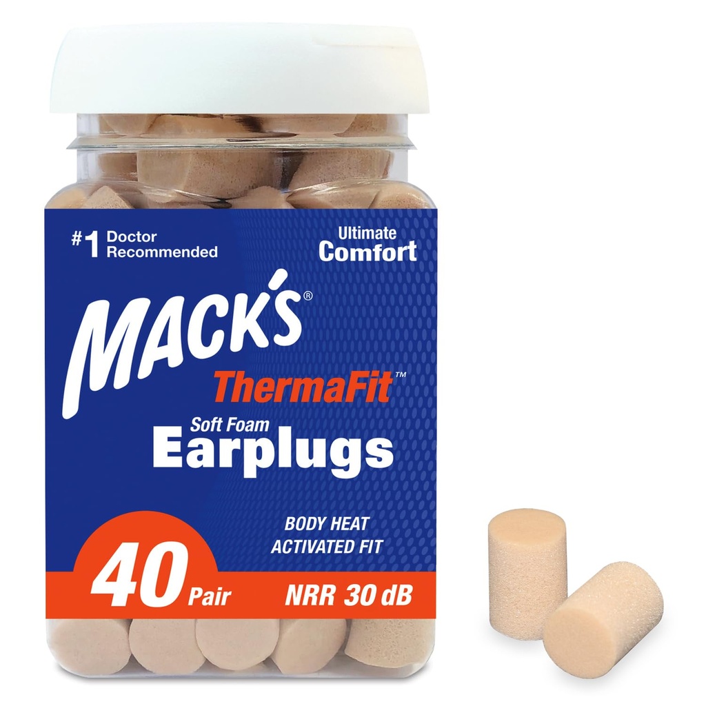 Mack’s ThermaFit Soft Foam Earplugs, 40 Pair - Comfortable Ear Plugs for Sleeping, Snoring, Work, Travel & Loud Events | Made in USA | Newly Upgraded and Improved