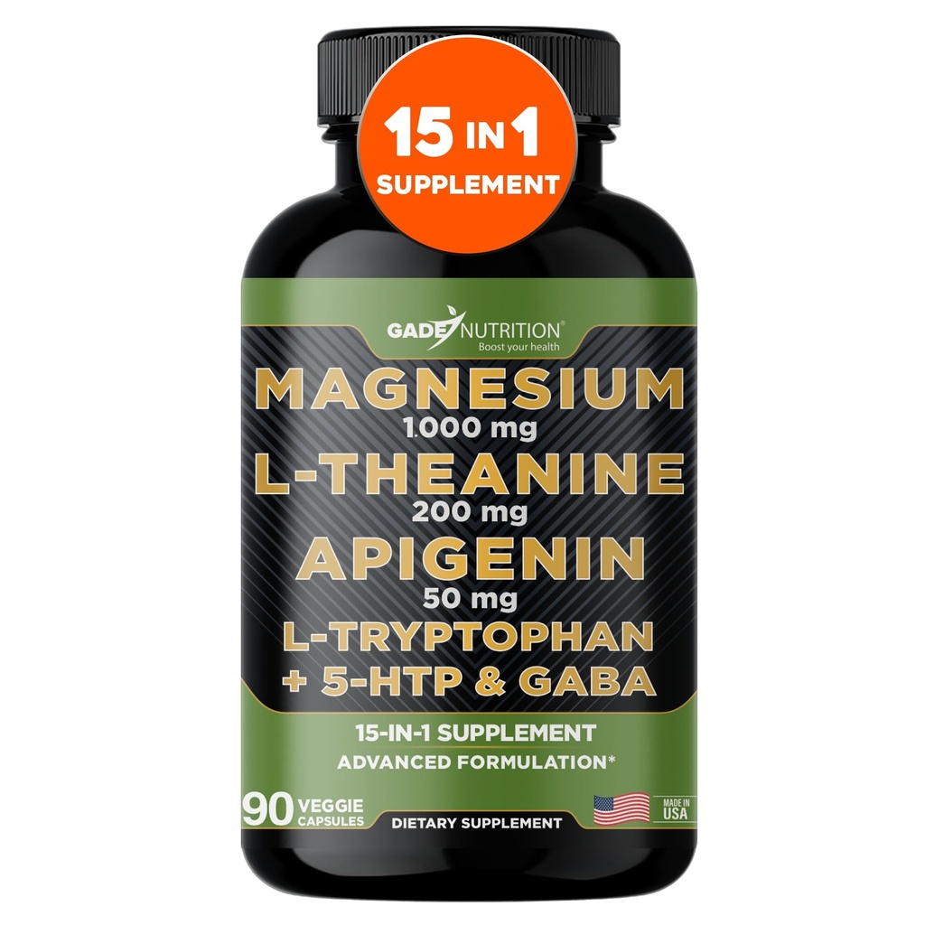 Gade Nutrition Magnesium Glycinate & Magneisum Supplementen met Apigenine, L Theanine 200 mg, 5 HTP, GABA Calm Brain Booster Supplement Slaaphulp Ashwagandha L Tryptofaan kamille