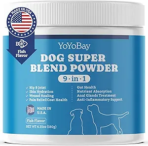 Supplementen voor honden, hondensupplementen Super Blend Poeder 9 in 1, Vitaminen voor hond, met IJsland Vispoeder, Ondersteuning Gut Health, Hip en Gezamenlijk, Multivitamine Ondersteuning, 6.35oz, Vis smaak