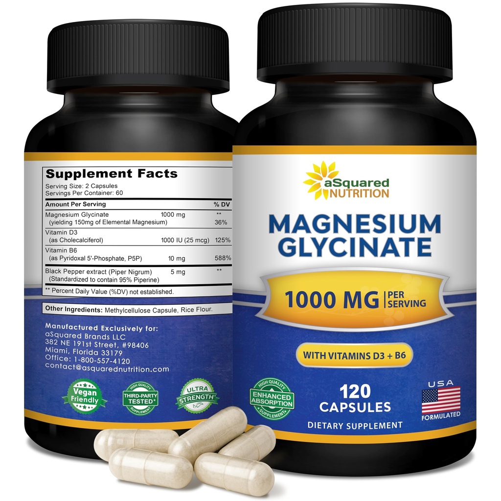 Magnesium Glycineer 1000 mg met vitamine D3 & B6-500 mg per capsule - Pure Elemental Mag Supplement Complex for Sleep, Muscle, Bone Health - Replace Gummies, Tablets & Powder - 120 Capsules