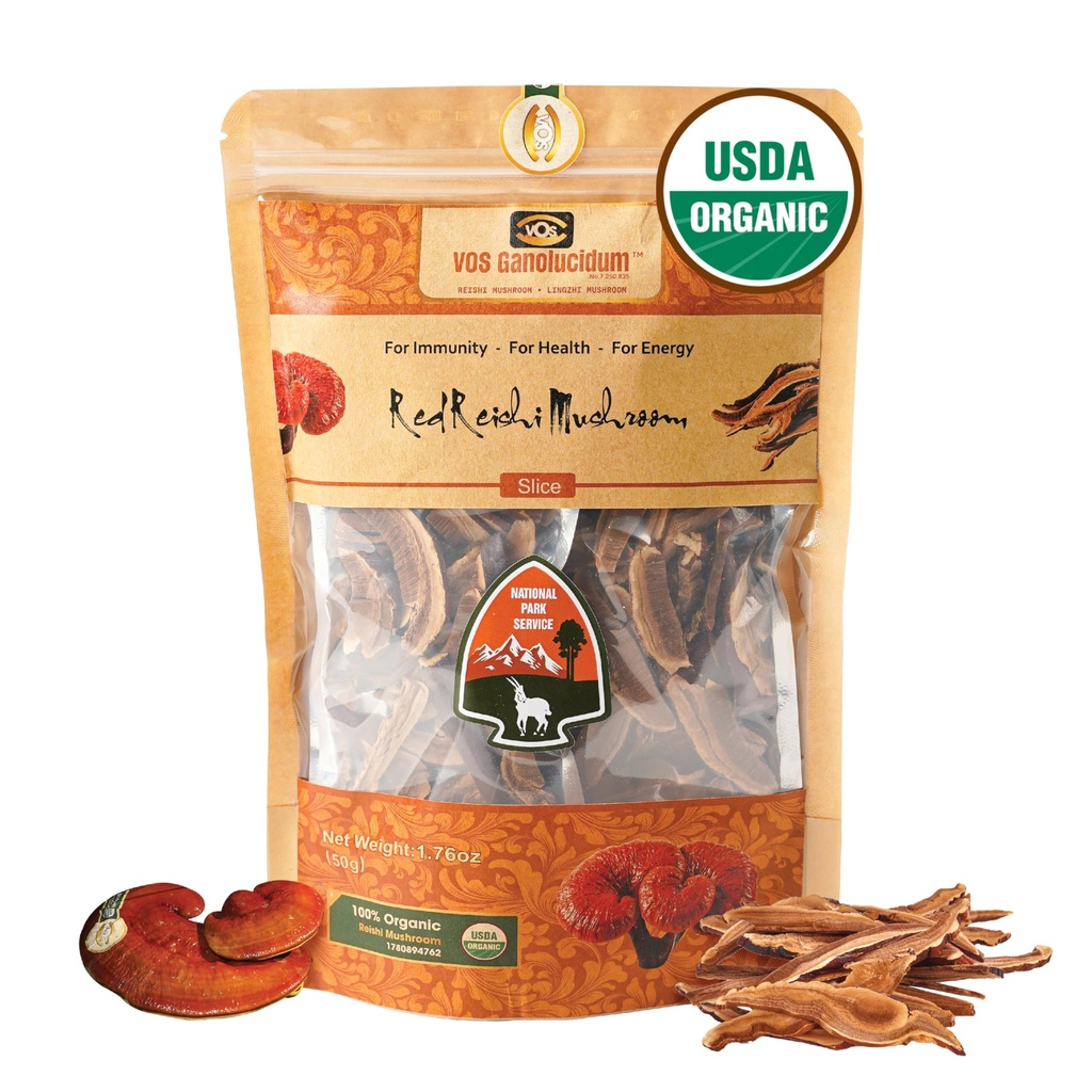 VOS GANOLUCIDUM - 100% Organic Sliced Dried Reishi Mushroom - Premium Quality, Gluten Free, Ideal for Tea and Soup, Energy Health Support, 1.76 Oz