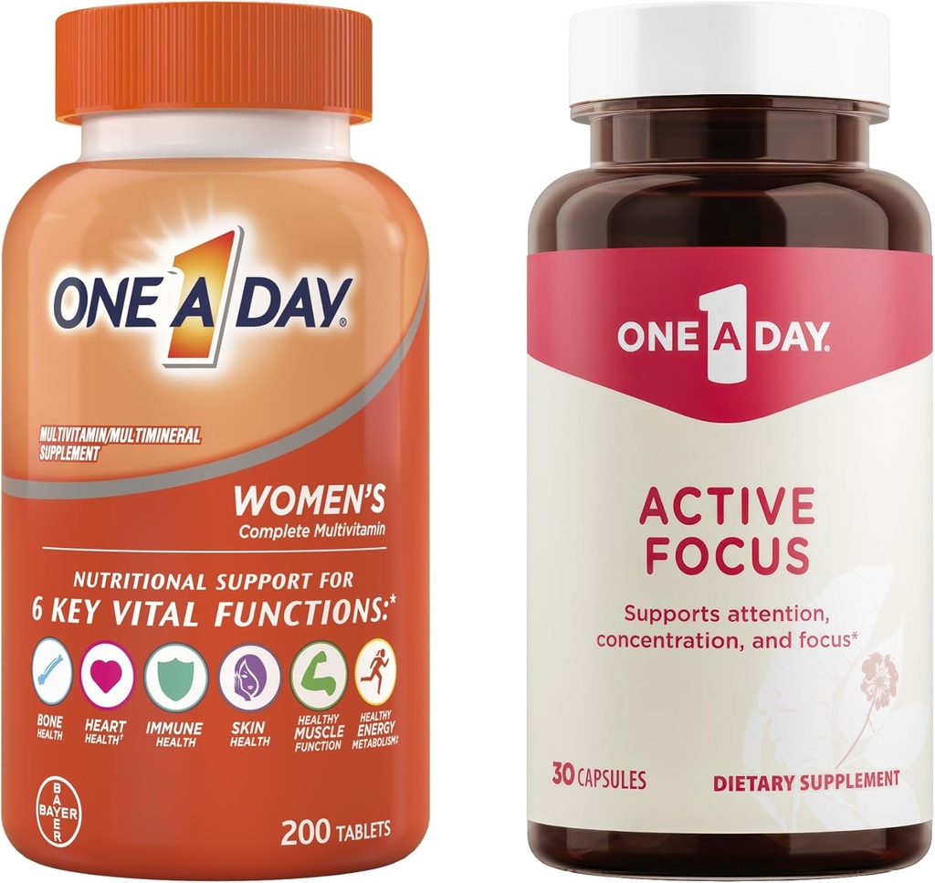 One A Day Bundle - One A Day Multivitamin for Women 200 Count Tablets and One A Day Active Focus Supplement, 30 Capsules