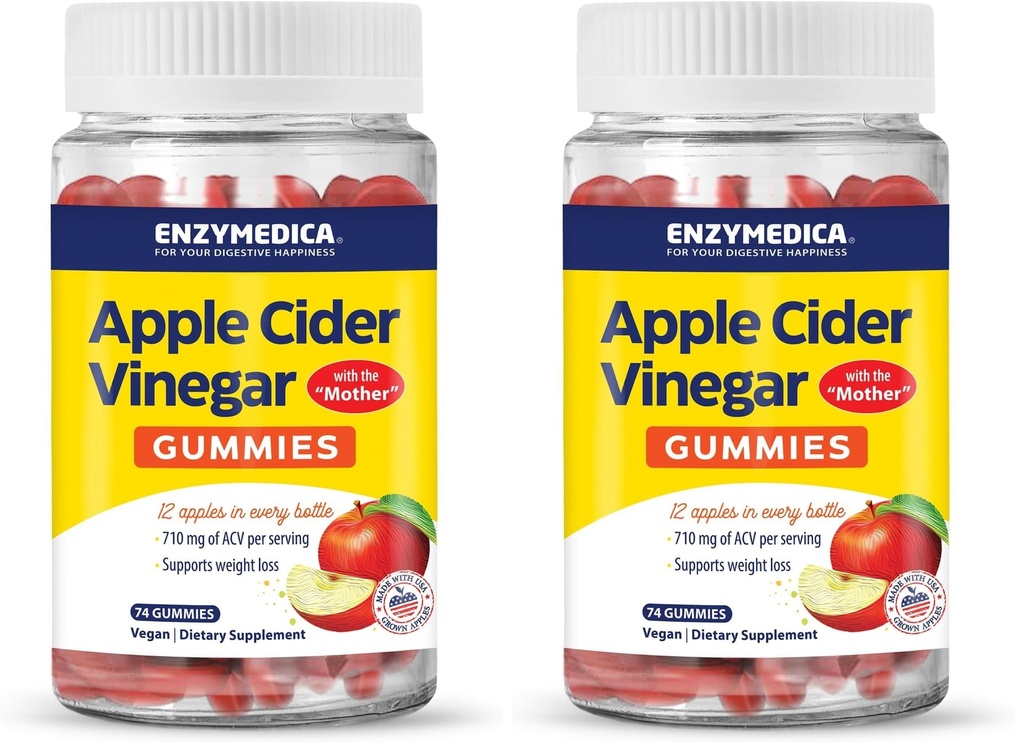 Enzymedica, Apple Cider Vinegar Gummies, Made with The Mother, 12 Organic, USA-Grown Apples per Bottle,[c][d] 1000 mcg Vitamin B12 per Serving, Natural Apple, 74 Count (Pack of 2)