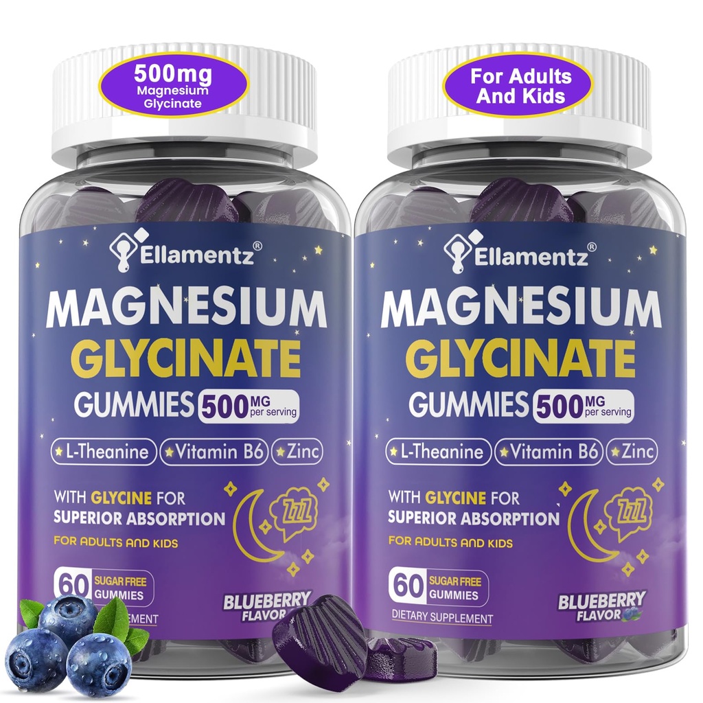 Magnesium Glycinate Gummies 500mg/250mg voor Volwassenen Kinderen Tieners, Suikervrij Magnesium Kalm Slaaphulp, Kinderen Slaap Gummies met L-Theanine Glycine B6 voor Slaap, Kalm, Spier,Relax Hersenen,Geen Melatonine,2Pack