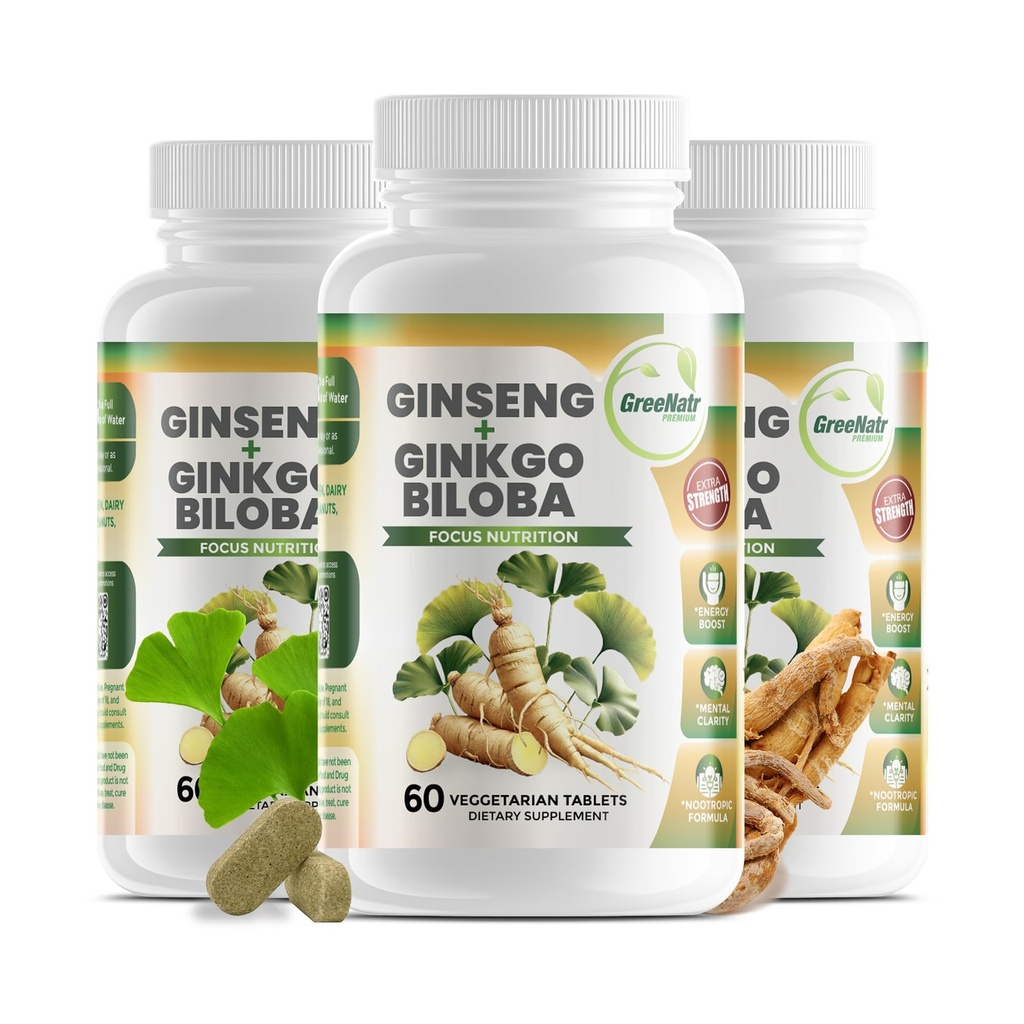 GreeNatr Ginko Biloba & Panax Ginseng Supplement - Red Ginseng Brain Supplement for Memory and Focus - Ginkgo Biloba Supplements for Good Vision, Immune System and Improved Blood Flow - 3 Flessen