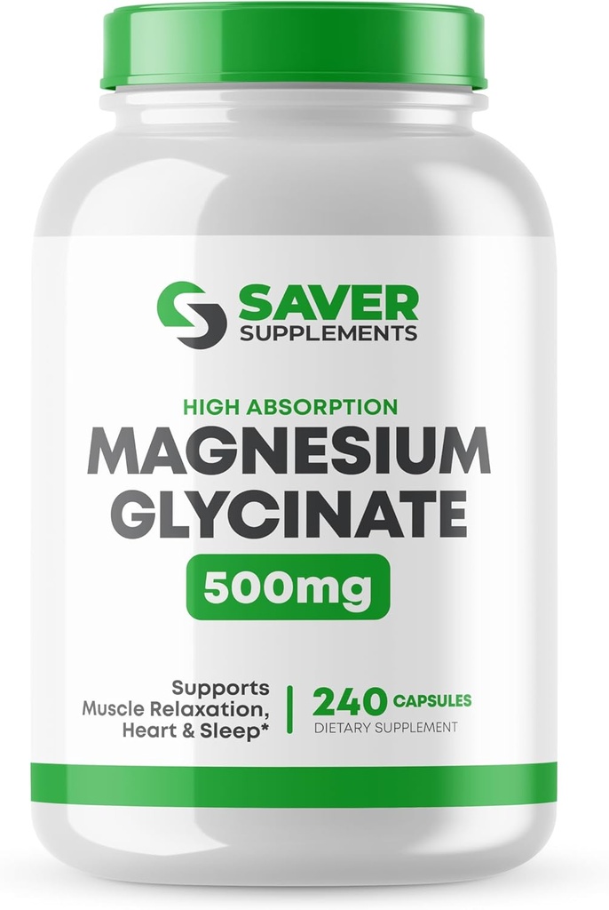 Glycinate de magnésium 500mg – Absorption élevée, supplément de magnésium chélaté pour le soutien musculaire, le sommeil, le cœur et le nerf – sans OGM et sans gluten – 240 capsules
