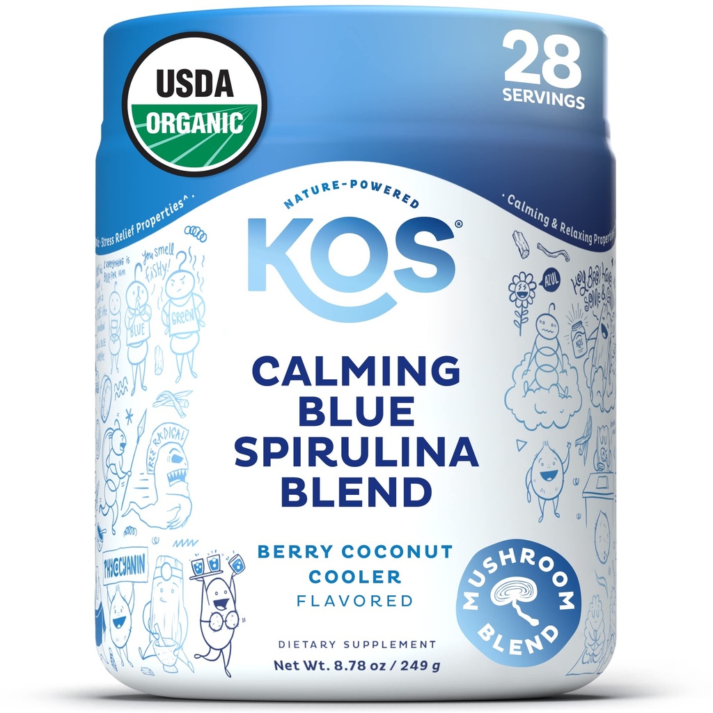 KOS Calming Blue Spirulina Blend- USDA Certified Organic - Algen Superfood Powder with Ashwagandha Root, Lemon Balm, Reishi Mushroom, B Vitamines - Berry Coconut Cooler Flavor, 28 Servers