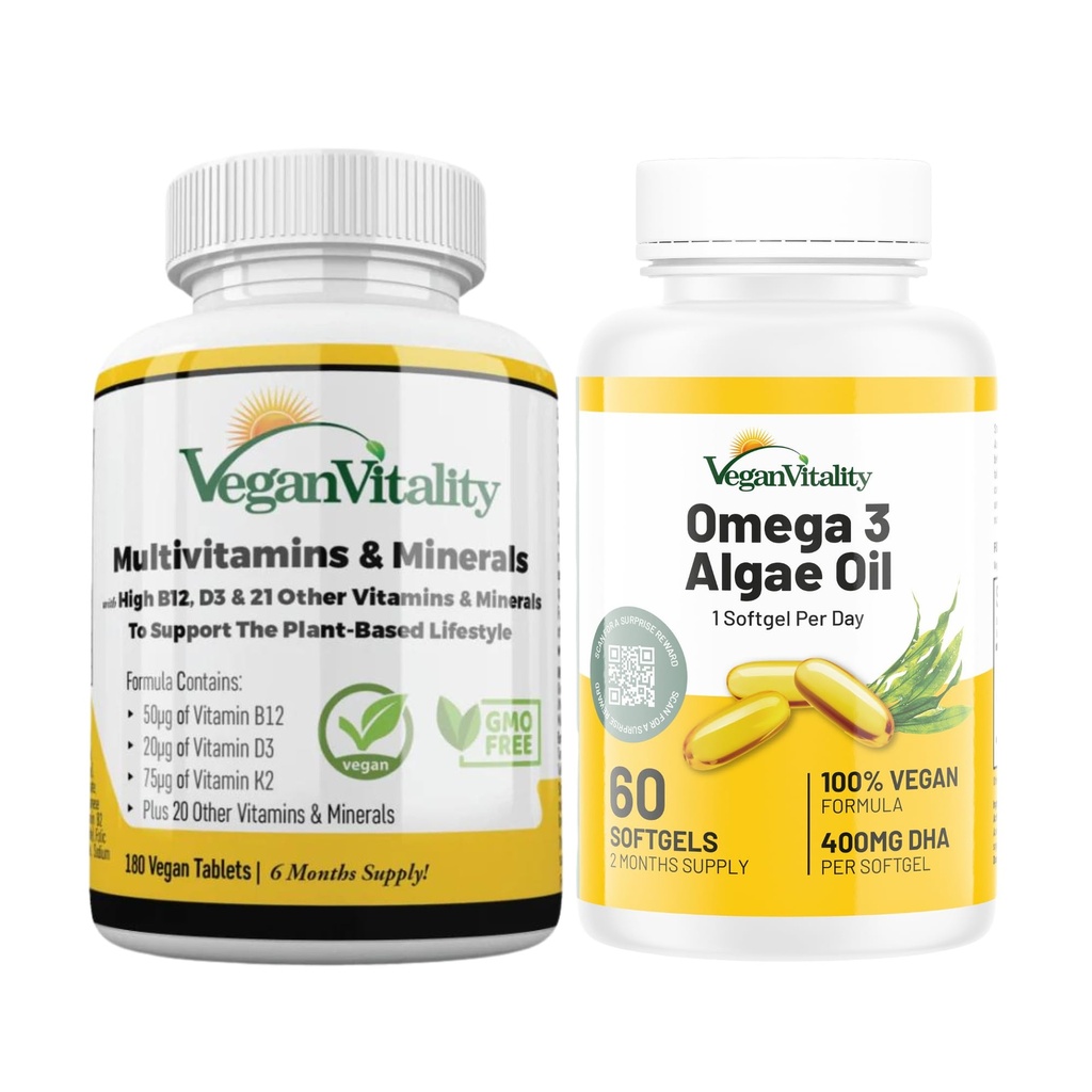 Vegan Vitality Immunity Booster Bundle 6 mois - Vegan Multivitamins et Vegan Omega 3 Huile d'algues. Formule à base de plantes haute résistance pour l'immunité, l'énergie Santé globale pour les végétaliens et les végétariens