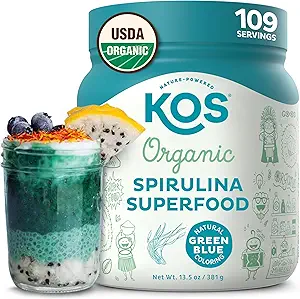 KOS USDA Biologische Spirulina Poeder, Natuurlijke Smaak - 100% Pure, Niet-Ir uitgestraalde Vegan Green Blue Spirulina Superfood Powder, Plant Based - Rijk aan eiwit, vitamines, antioxidanten en vezels, 60 Servings Bag