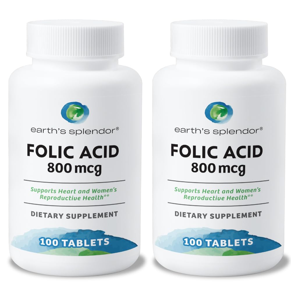 Earth's Splendor Folic Acid 800 mcg Supplement, Ondersteunt Hart Gezondheid, Ondersteunt Vrouwen Reproductive Gezondheid, Smooth Coated Tablets (800 mcg, 200 tabletten, Pack of 2)