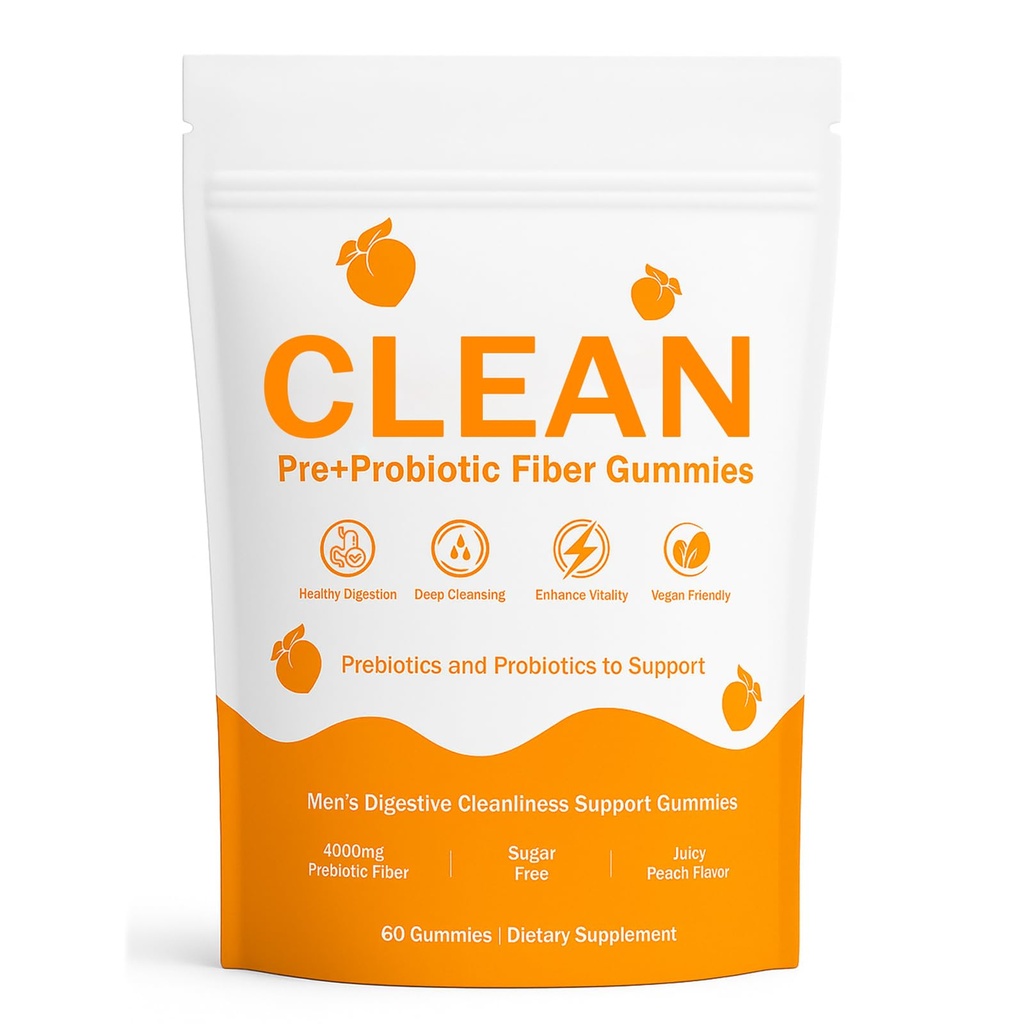 Clean Prebiotic Fiber Gummies for Men, Pre+Probiotic Fiber Gummies, Gut Balance, Digestive Support & Daily Clean Confidence, Men's Cleaning Support Gummy, Peach Flavor, 60 Count