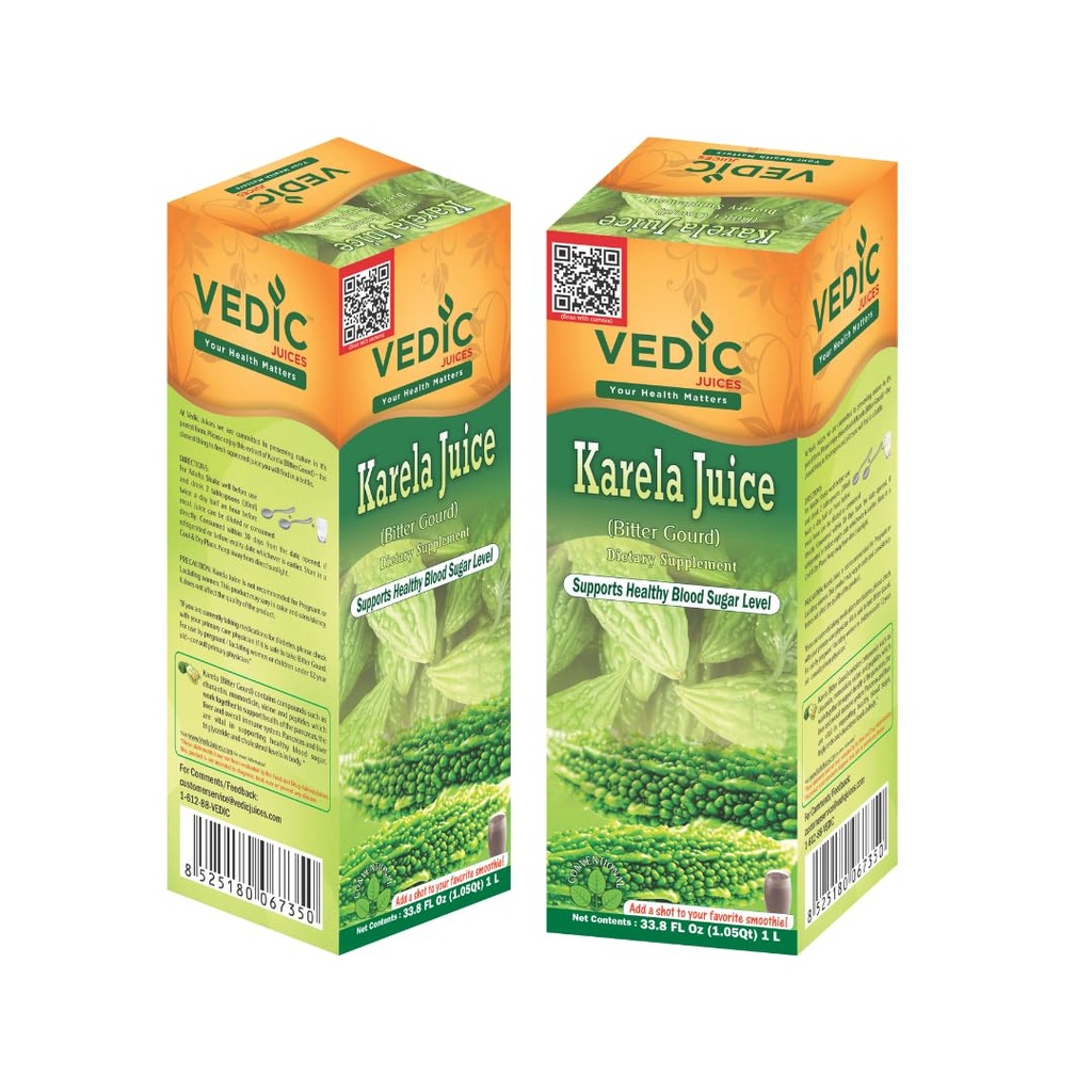 Vedic Juices Bitter Gourd (Karela) Juice | 33.8 fl oz (1000 ml) Each | Pack of 2 | Natural Herbal Beverage
