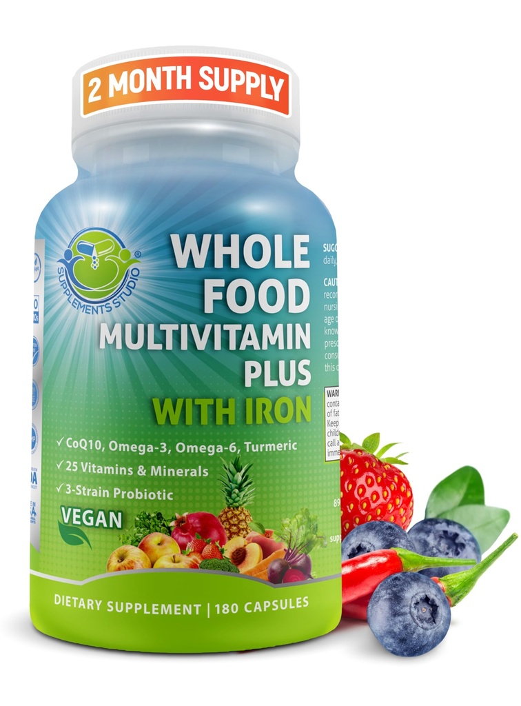 Vegan Whole Food Daily Multivitamine met ijzer, Gemethyleerde Multivitamine voor vrouwen en mannen, Gemaakt met groenten en fruit, B-complex, Probiotica, Enzymen, CoQ10, Omega's, Turmeric, Non-GMO, 180 Tel.