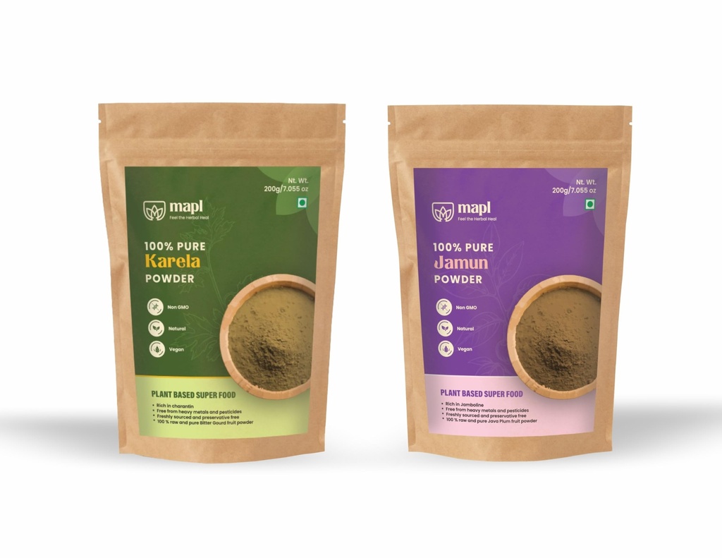 MAPL Karela and Jamun Powder Combo Pack, 100% Pure Plant Based Super Food, Non-GMO, Natural, Vegan, 200g Each