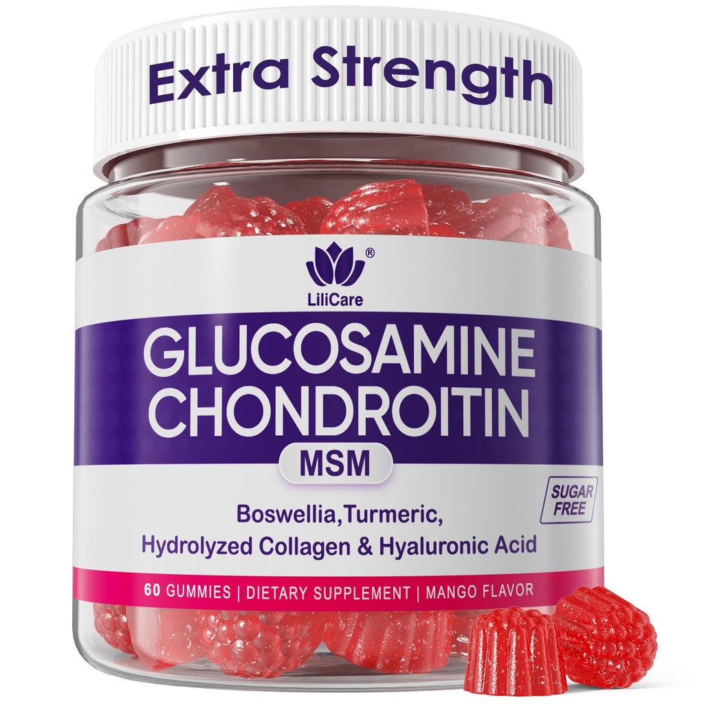 Glucosamine Chondritine Gummies, Supplément sans sucre de glucosamine Chondritine MSM, Extra Force avec Boswellia Turmère, Collagène hydrolysé et acide hyaluronique, Bone Health pour les hommes et les femmes, 60 Cts