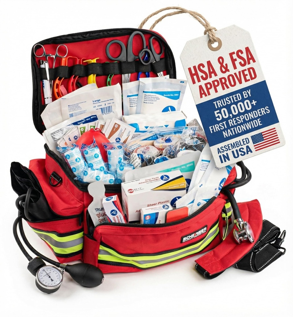 Scherber First Responder Fully-Stocked Professional Essentials EMT/EMS Trauma Kit | HSA/FSA Approved | Reflective Bag w/8 Zippered Pockets & Compartments & 200+ First Aid Supplies - Red