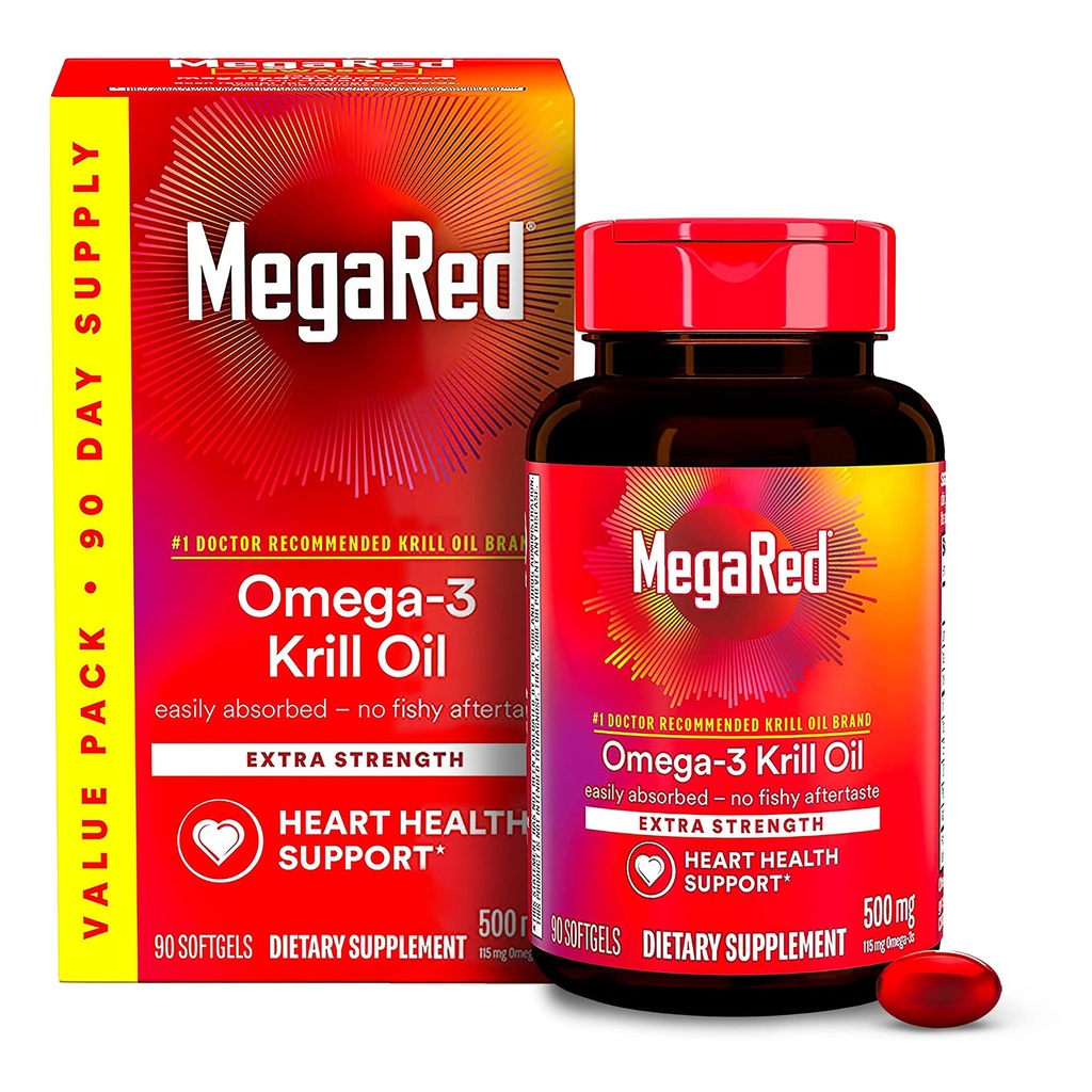 MegaRed Antarctische Krill Oil 500mg Omega 3 Fatty Acid Supplement, Extra Strength EPA & DHA Krill Oil Softgels (90cnt Box), Astaxanthine, Heart Health Supplement zonder Fish Oil Aftersmaak