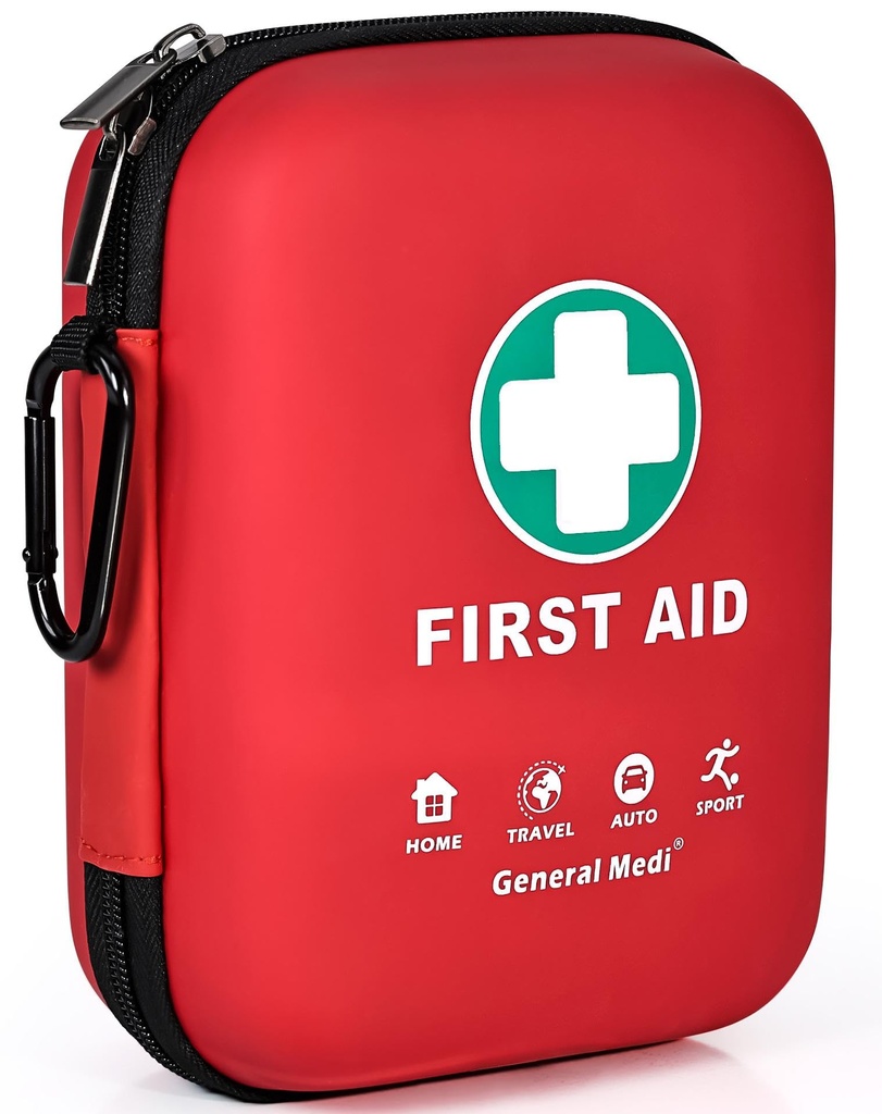 General Medi First Aid Kit - 170 Pieces Hard Case and Lightweight - Great for Travel, Home, Office, Vehicle, Camping, Workplace & Outdoor (Red)