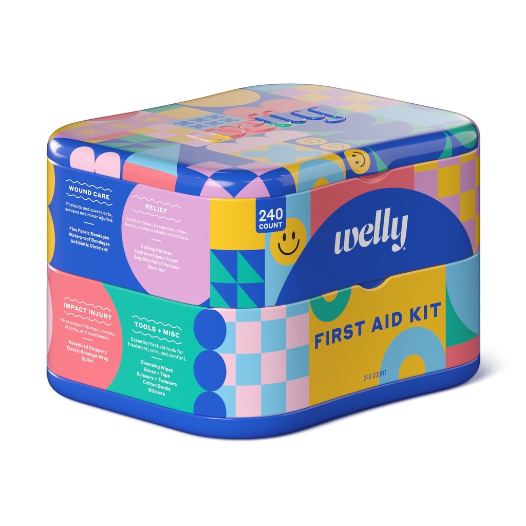 Welly Comprehensive First Aid Kit - FSA Eligible - Adhesive Bandages, Tape and Non-Stick Pads, Butterfly Strips, Cleansing Wipes, Ointments, Gauze, and More - 240 Pieces