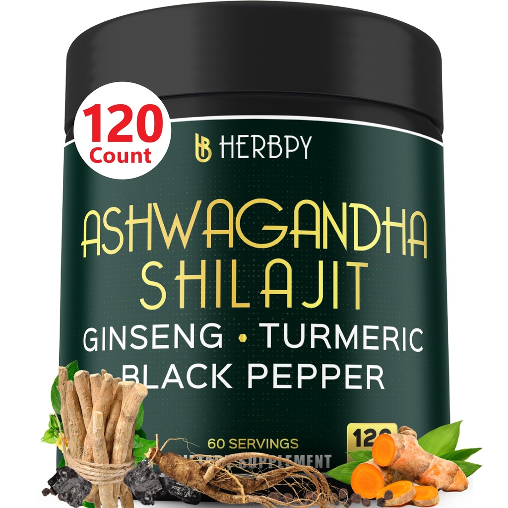 5in1 Ashwagandha Extra sterkte met Shilajit voor uithoudingsvermogen, energie en ontspanning ondersteuning - Plus Ginseng, Turmeric Root & Black Pepper - 120 Tellen
