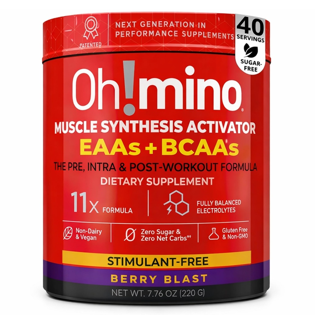 Oh!mino Essential Amino Acids Supplement. Berry Blast, Stimilant-Free Powder. Alle 9 EAA's, BCAA's en de perfecte Amino voor workouts, Amino Energy, en om spieren te bouwen en sneller te herstellen.