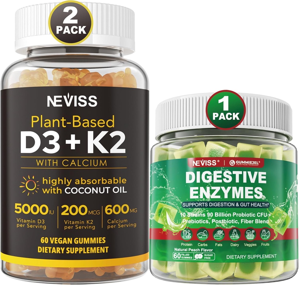 NEVISS Vitamine D3 5000iu & K2, Calcium Gummies & Digestieve Enzymen Gummies