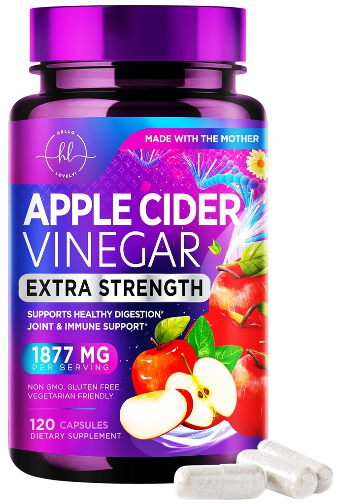 Apple Cider Vinegar Capsules 1877mg - Extra sterkte ACV Pillen met vitamine D3 & zink - Apple Vinegar Pillen Supplement voor spijsvertering, energie & Immune Support, niet-GMO, gebotteld in de VS - 120 capsules